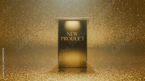 Black dais product microscope stage with a spotlight and golden glitter background 