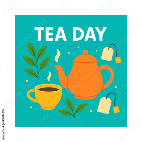 Tea Day Celebration with Teapot and Cup Illustration. Vector illustration celebrating Tea Day with a vibrant teapot, steaming cup, tea leaves, and teabags against a teal background. Perfect for tea 