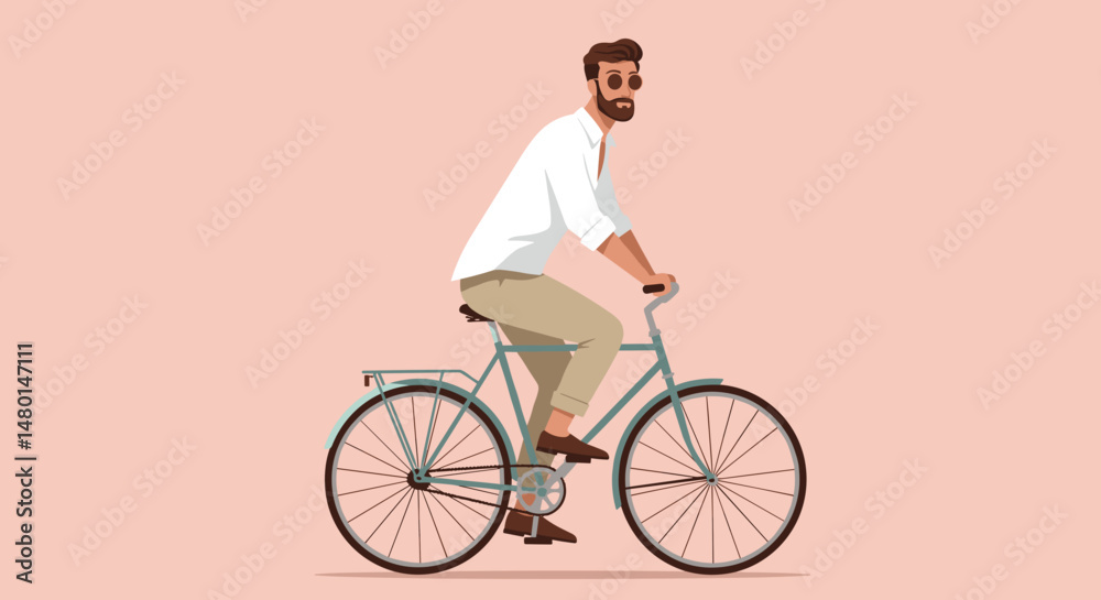 Man riding bicycle in casual outfit against pink background Man riding bicycle in casual outfit against pink background