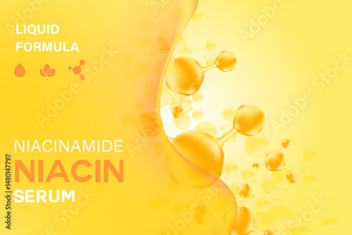Abstract fluid Niacinamide serum, premium anti-aging cosmetics with abstract golden yellow liquid shape background with copy space. Great for scientific beauty marketing, skincare product banner