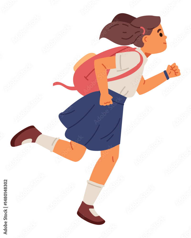 Schoolgirl in uniform with backpack running to school flat vector illustration isolated on white. Schoolgirl in uniform with backpack running to school flat vector illustration isolated on white.