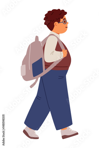 Fat school boy in uniform with backpack walking to school flat vector illustration isolated on white.