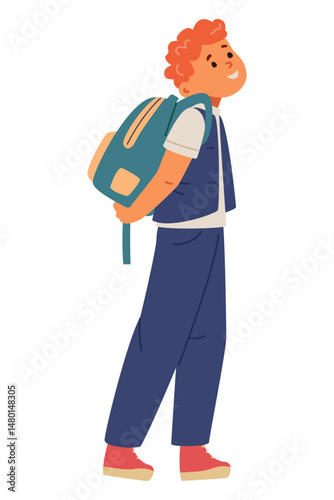Smiling red hair school boy in uniform with backpack walking to school flat vector illustration isolated on white.