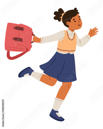 Happy Asian schoolgirl in uniform with backpack in hand running to school flat vector illustration isolated on white.