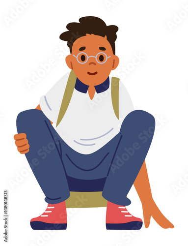 Cute Asian school boy in uniform with backpack squatting down flat vector illustration isolated on white.