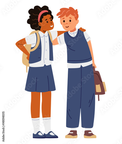 Two school children in uniform with backpacks girl and a boy standing together hugging flat vector illustration isolated on white.