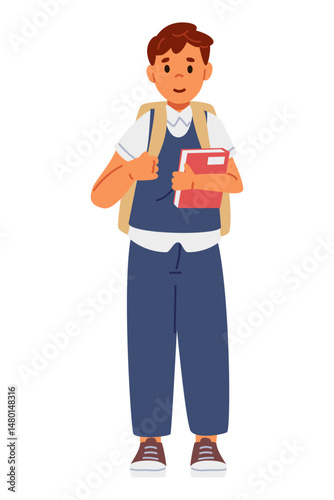 Cute school boy in uniform with backpack holding a book standing flat vector illustration isolated on white.