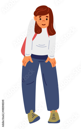 Schoolgirl in uniform with backpack flat vector illustration isolated on white.