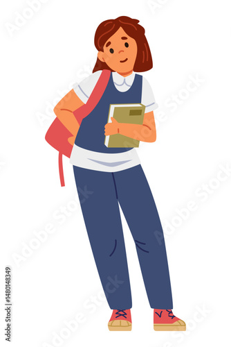 Schoolgirl in uniform with backpack and a textbook flat vector illustration isolated on white.