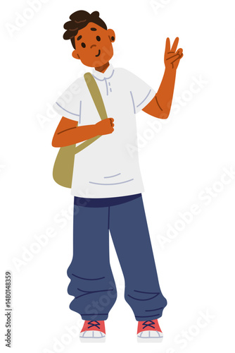 African American school boy in uniform with backpack standing and showing peace gesture flat vector illustration isolated on white.