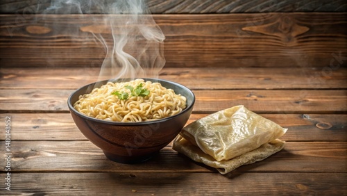 A steaming bowl of dry instant noodles with a partially opened package on a wooden table , isolated photo