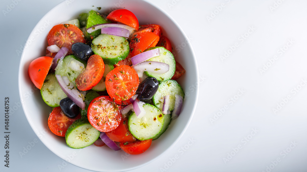 Greek-Inspired Cucumber Tomato Salad with Olives and Red Onion in White Bowl Greek-Inspired Cucumber Tomato Salad with Olives and Red Onion in White Bowl