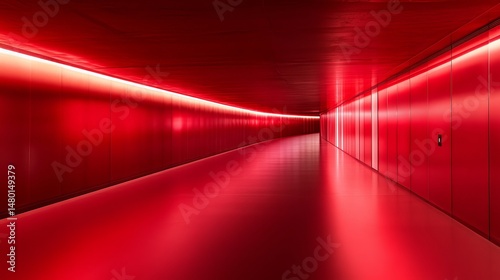 Abstract red corridor interior modern architecture design building art line walls shiny metal space