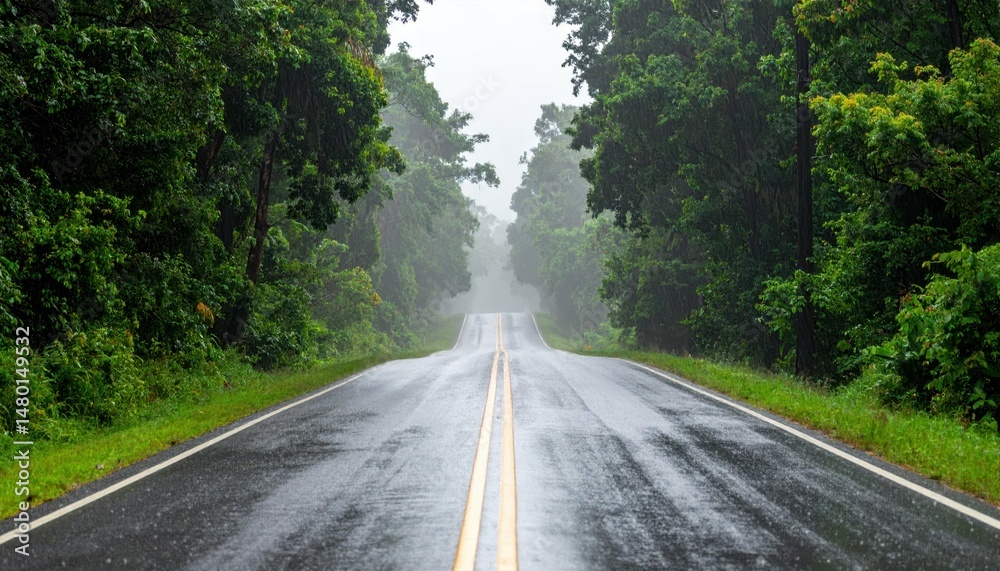 Obraz premium Serene Rainy Road Surrounded by Lush Greenery in Soft Fog