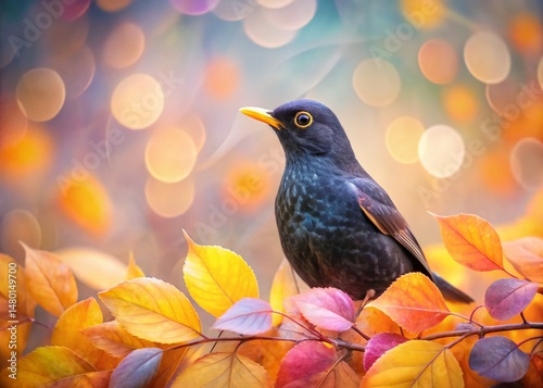 Panoramic Soft Focus Blackbird on Repeating Leaf Pattern