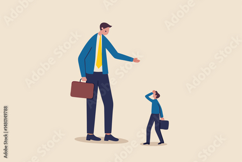 Big business competitor, career obstacle, conflict with boss, overcome difficulties in work or entrepreneur, SME, Small and Medium Enterprise concept, small guy businessman confront big competitor.