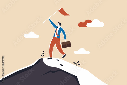 Leadership to reach business goal, career achievement or company best performance worker winner concept, ambitious businessman leader holding winner flag standing pride on top of mountain peak.