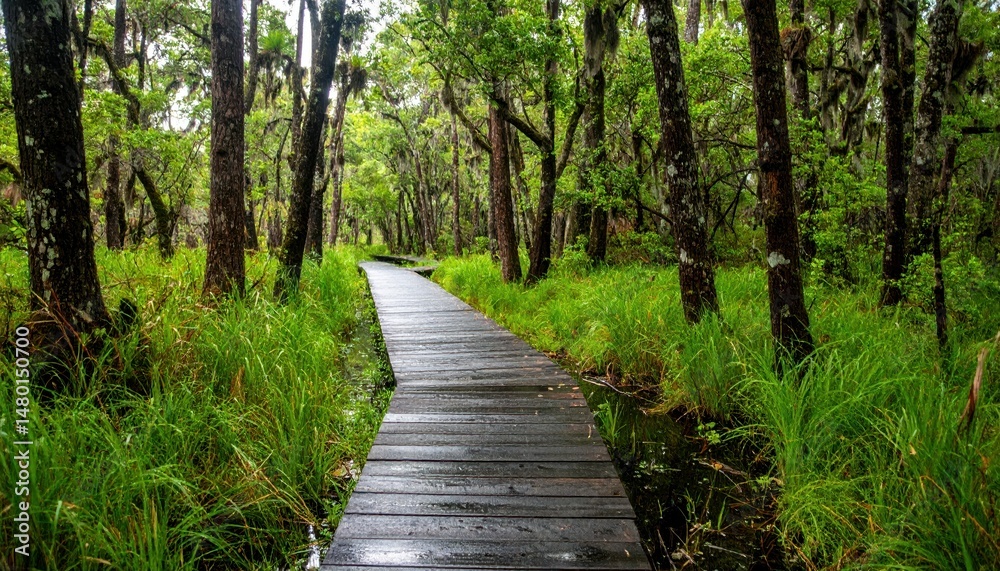 Obraz premium Wooden Pathway Through Lush Green Forest in Rainy Weather