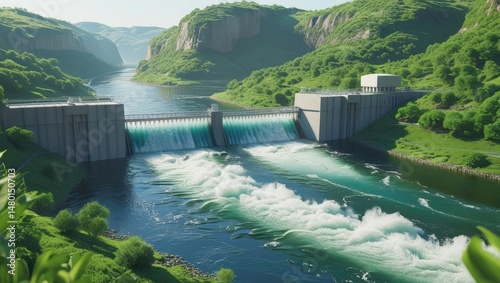 A panoramic view of a hydroelectric power plant with a dam over which a powerful stream of blue river water falls, surrounded by green banks and mountains