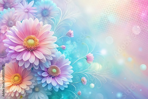 Pastel Abstract Flower Motifs on Dashed Lines Background - Stock Photo
