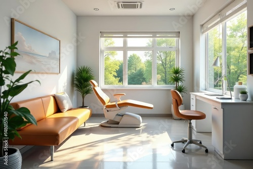 Modern  clean dentist office waiting area with comfortable seating and natural light   dentistry  office  area