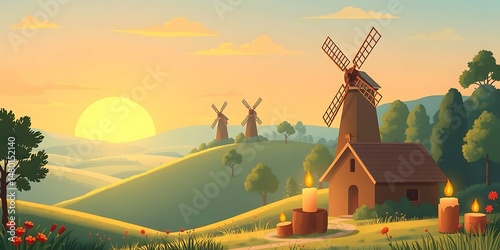 Sunset with Windmills, Cottage, and Hills.