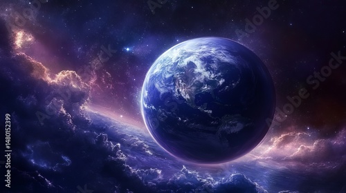 Fototapeta Naklejka Na Ścianę i Meble -  Stunning blue planet earth in vibrant cosmic space nebula dark stars night image photo light power