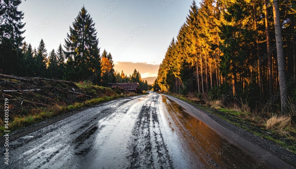 Fototapeta premium Scenic Forest Road After Rain with Golden Sunset Light Reflection