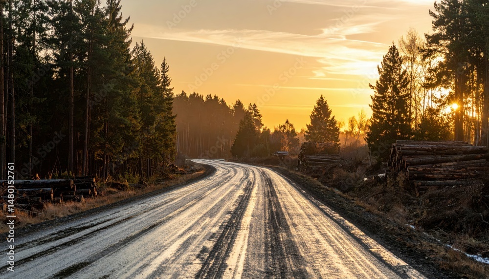 Fototapeta premium Serene Country Road Surrounded by Green Trees at Sunset