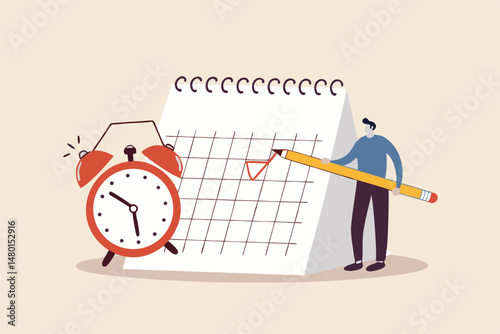 Schedule business appointment, important date, working project plan or reminder concept, smart businessman using pencil to mark important appointment date on calendar with alarm clock.
