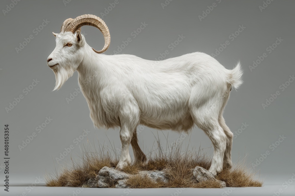 Obraz premium A detailed shot of a white goat with large horns.