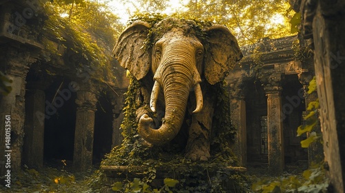 Ancient Elephant Statue Engulfed by Ruins