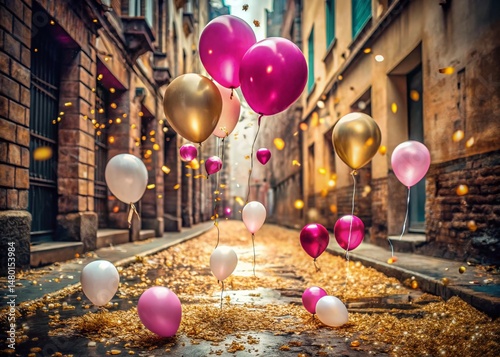 Pink & White Balloon Party Festive Urban Exploration Stock Photo - Golden Confetti Celebration