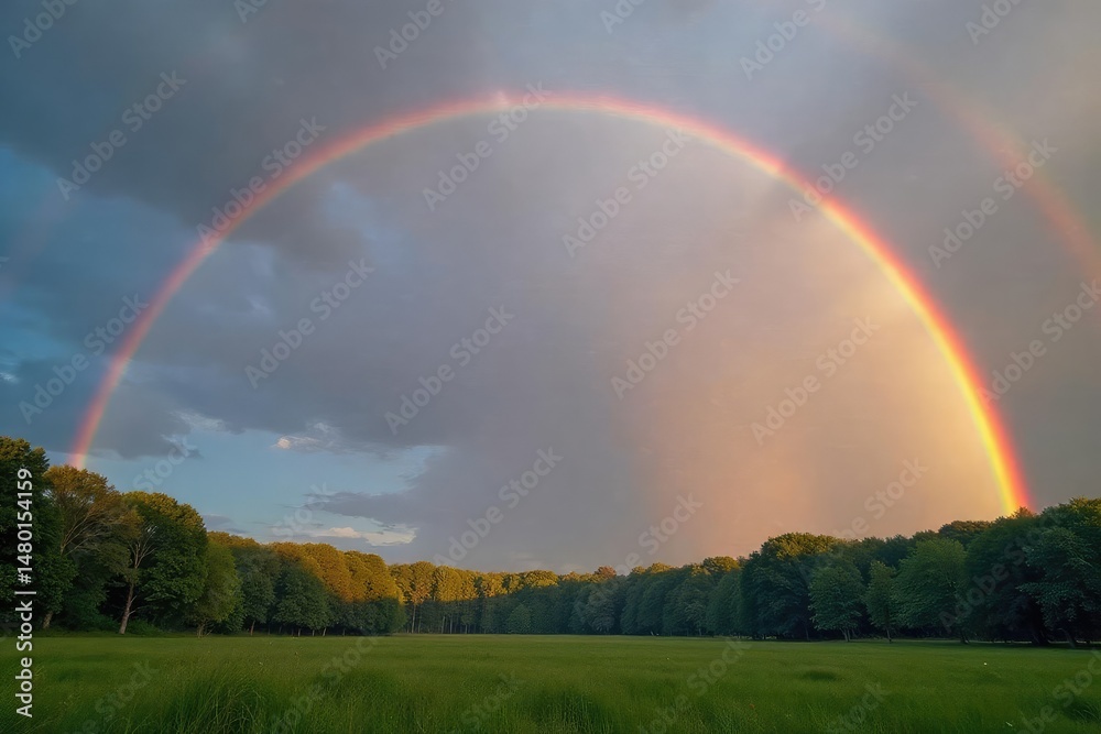 Fototapeta premium Vibrant rainbow arch after summer rain shower , post-rain, colorful nature