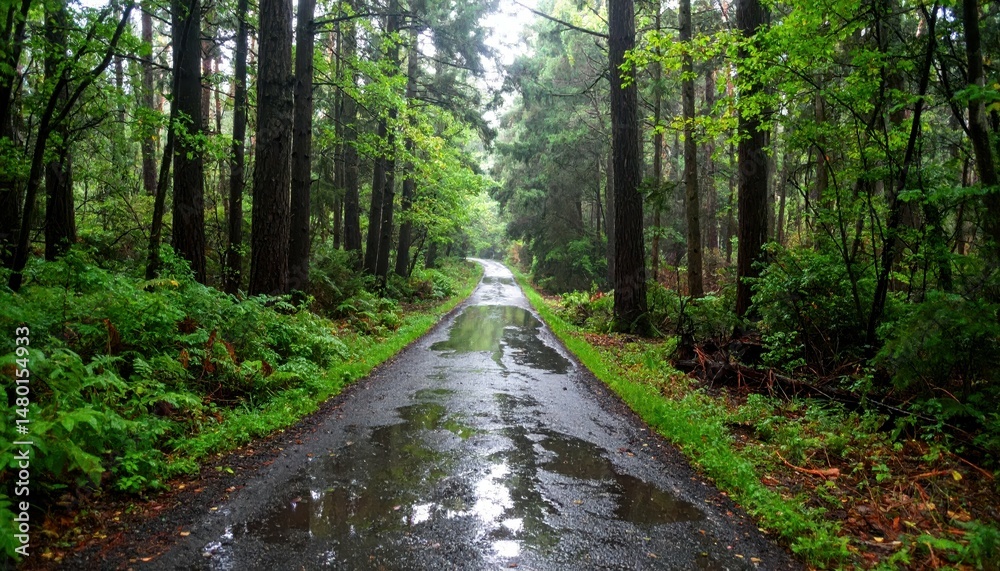 Obraz premium Serene Forest Pathway Surrounded by Lush Green Trees and Plants
