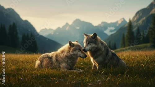 Wolf couple in scenic mountain meadow. Pair of grey wolves showing tender love and bonding in wilderness landscape. Concept of love and romance in wildlife . International Wolf Day August 13.