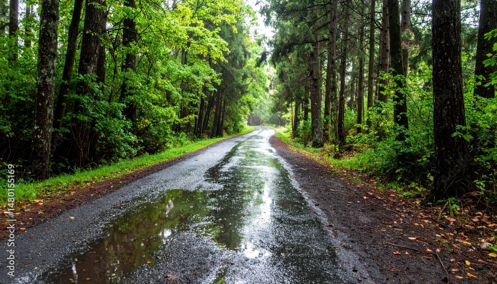 Fototapeta premium Serene Rainy Pathway Through Lush Green Forest Landscape