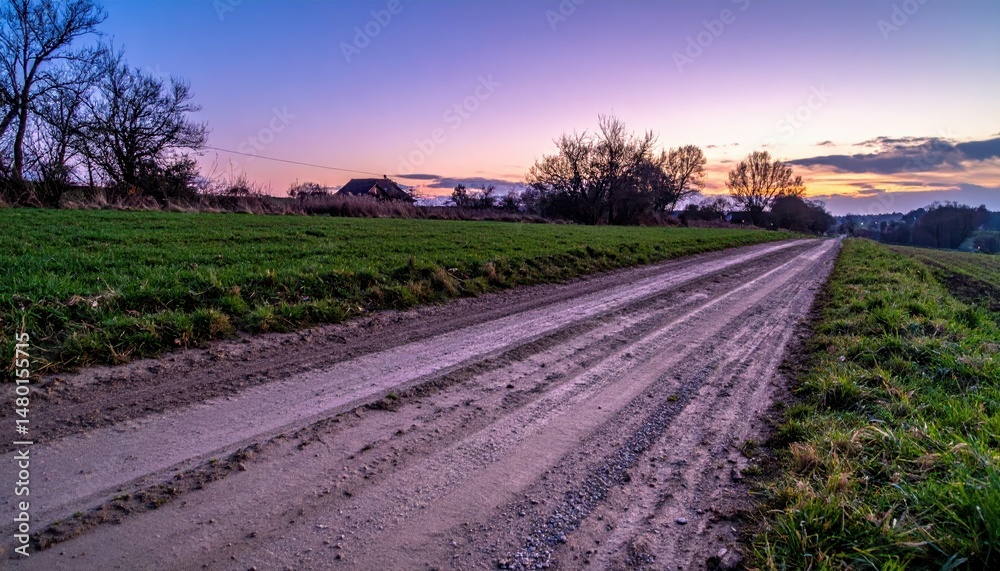 Fototapeta premium Serene Dirt Road Glowing Under Gentle Sunset Sky in Rural Landscape