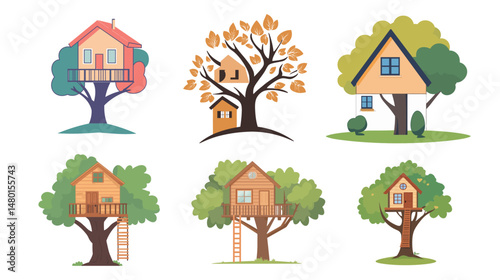 Whimsical vector illustration of a cozy tree house nestled in branches, surrounded by lush green leaves, charming wooden structure in nature-themed graphic design perfect for children’s stories, 