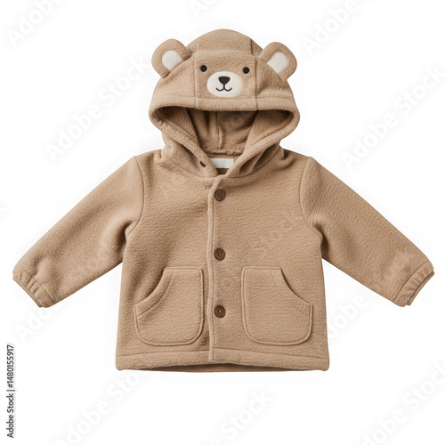 Bear hooded jacket isolated on white background for baby apparel, fashion, and product catalog use