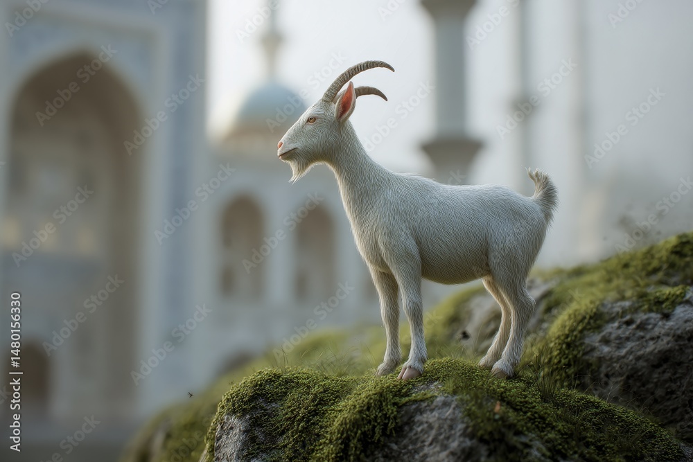 Fototapeta premium White goat atop mossy rock, backdrop of ancient structures.