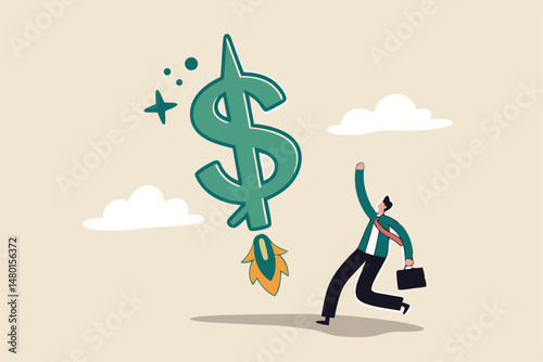 Boost your income, growth increasing business revenue or profit, rising investment earning concept, happy businessman company owner or investor with dollar money sign launch rocket booster high in sky