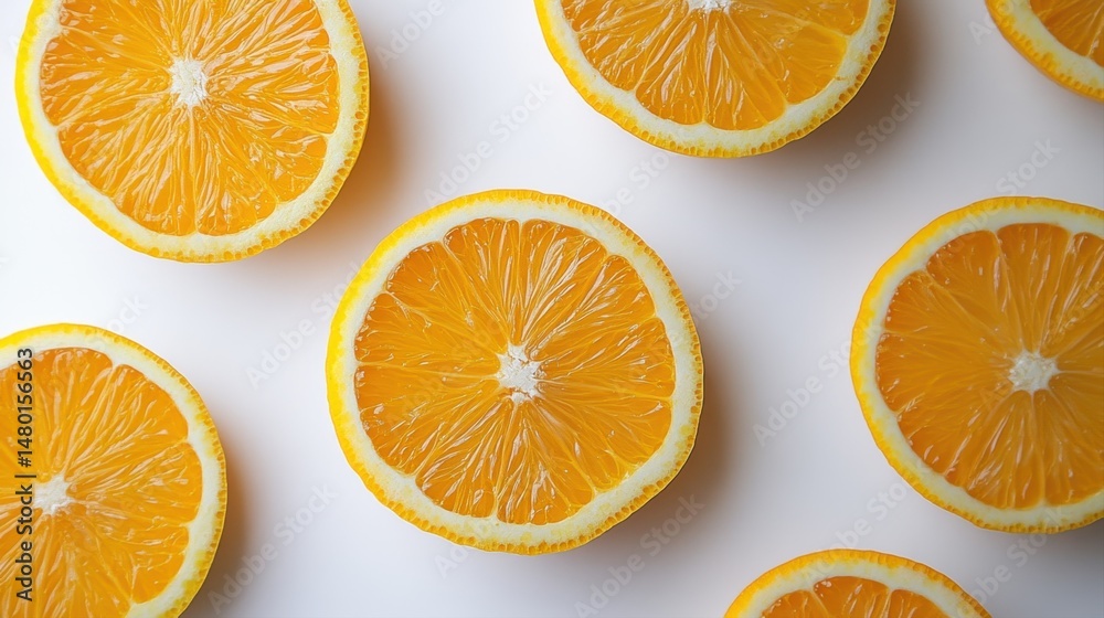 Fototapeta premium Freshly Cut Orange Slices Arranged on a Light Background Showcasing Their Juicy Segments and Vibrant Color
