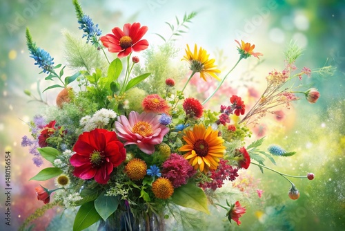 Red Green Wild Floral Bouquet Watercolor Double Exposure Stock Photo