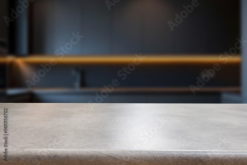 Empty wooden kitchen counter mockup, product display background. Wood table top on marble, blurred interior. Modern style home kitchen, restaurant advertising. Copy space
