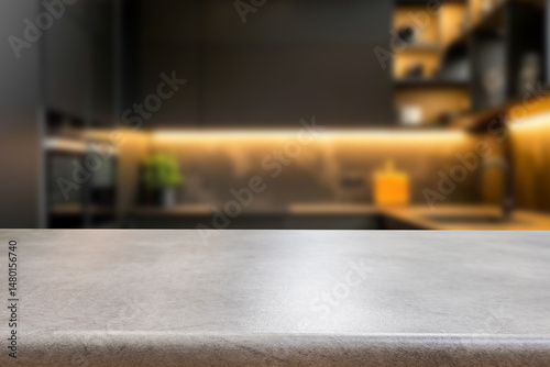 Empty wooden kitchen counter mockup, product display background. Wood table top on marble, blurred interior. Modern style home kitchen, restaurant advertising. Copy space