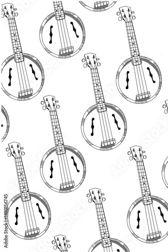 Hand drawing black and white banjo guitar pattern on white background