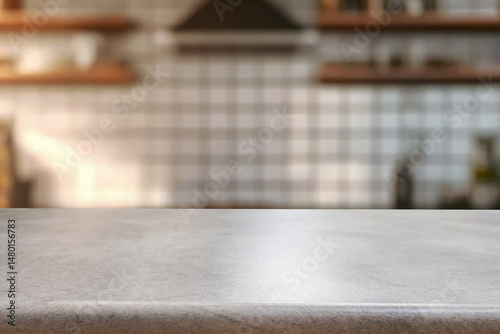 Empty wooden kitchen counter mockup, product display background. Wood table top on marble, blurred interior. Modern style home kitchen, restaurant advertising. Copy space
