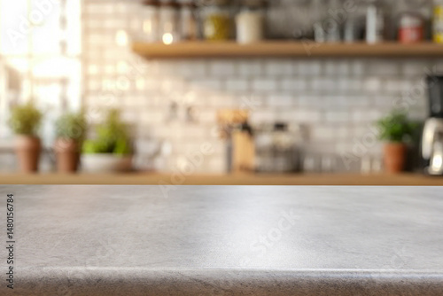 Empty wooden kitchen counter mockup, product display background. Wood table top on marble, blurred interior. Modern style home kitchen, restaurant advertising. Copy space