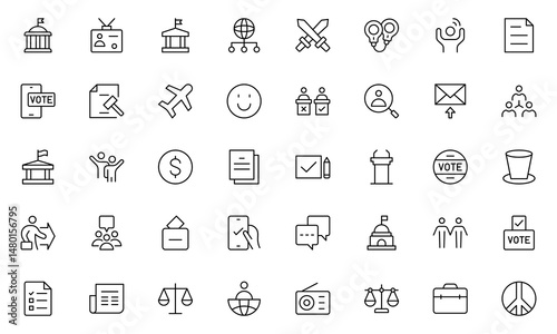 Politics outline Icons Set. A comprehensive collection of icons representing political themes, perfect for enhancing campaign materials, educational resources,  Vector illustration.